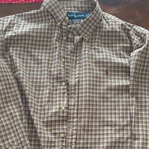 Ralph Lauren Men's Tan and Brown Checkered Shirt